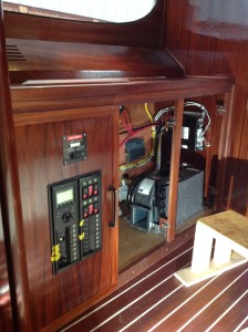 Boat cabin interior with control panels